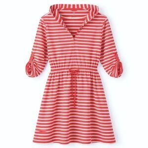 Lands End Striped Hooded Dress Nautical Coastal Cotton Cinch Waist L